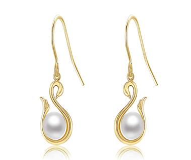 14k Gold Pearl Drop Earrings Swan Shape Gift for Women Her Wife Girlfriend
