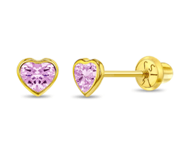14k Yellow Gold 4mm Bezel Set Heart Cubic Zirconia Screw Back Earrings