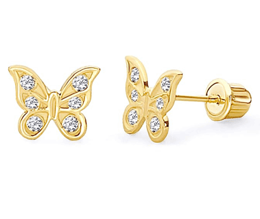 14k Yellow Gold Butterfly Stud Earrings with Screw Back