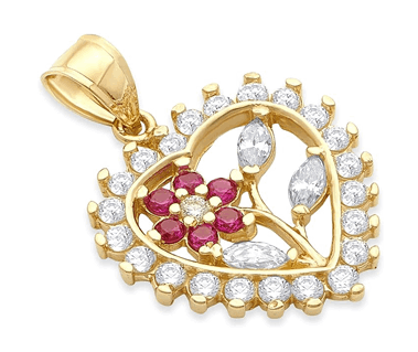 14k Yellow Gold CZ Heart with Flower Pendant