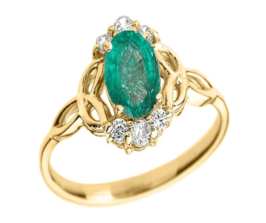14k Yellow Gold Diamond Trinity Knot with Genuine Emerald Ring